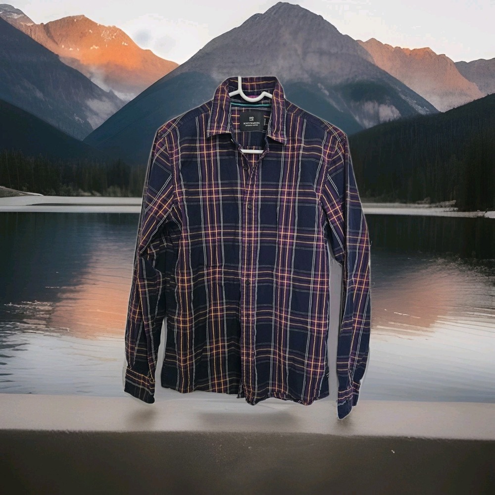 Scotch And Soda Shirt Men's Med Plaid Navy Purple Designer Bring It On Amsterdam